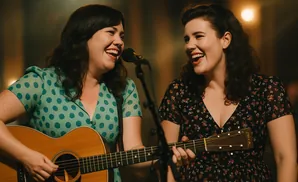 Two women laugh while playing guitars and singing into a microphone.