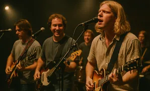 A band performs on stage with guitars, a bass, and a singer with long blonde hair at the microphone.