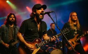 A band performs on stage with red and blue spotlights. The lead singer is in focus, playing a guitar and singing into a microphone.