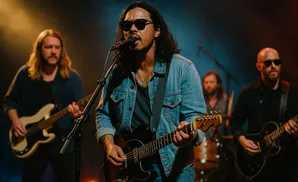 A band performs on stage, with the lead singer in the foreground playing guitar and singing into a microphone.