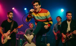a rear view image of nick anderson from the american pop rock band the wrecks performing live on stage 