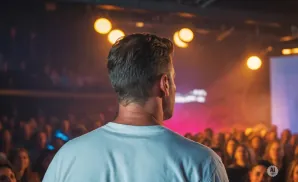 Man in white t-shirt facing a cheering crowd on a stage with bright lights.
