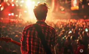A band performs on stage. The singer in the foreground sings into a microphone while playing guitar.