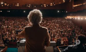 Person with white hair at podium addresses a large, blurred audience in a theater.