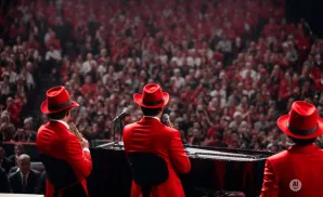 Musicians in red suits and hats play instruments on stage with a large red-clad audience behind them.