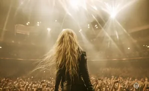 A blonde woman in a leather jacket stands on stage, facing a cheering crowd under bright stage lights.