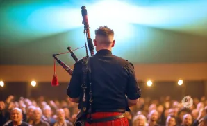 A bagpiper in a kilt stands on stage, back to the camera, playing for a blurred audience.