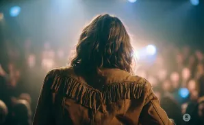A person with curly brown hair seen from behind, wearing a fringed jacket, faces a blurry crowd under stage lights.