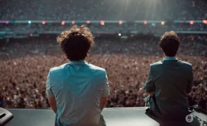 Two musicians on stage face a massive crowd at a stadium concert.