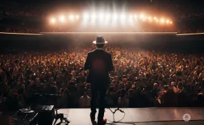 A performer in a suit and hat stands on stage, facing a large, cheering crowd with their arms outstretched.