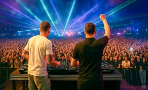 a rear view photo of tom and collins performing a concert on stage to a lively audience