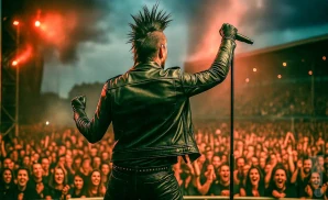 a rear view photo of total chaos performing a concert on stage to a lively audience