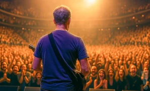 a rear view image of the guitarist drew heller from the instrumental band toubab krewe performing live on stage
