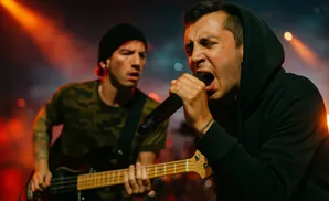 Singer in a black hoodie sings into a microphone as a bassist plays guitar in the background.