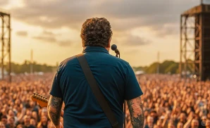 a rear view photo of unwritten law performing a concert on stage to a lively audience