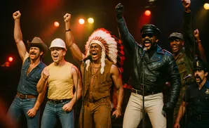 Men in costumes, some with fists raised, perform on stage with microphones and stage lights.