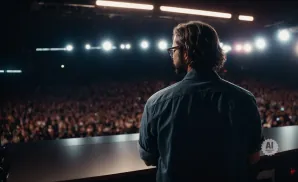 Man in glasses and denim shirt on stage facing large, blurred audience under stage lights.