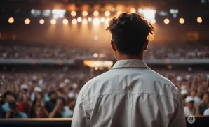 Man in a light jacket facing a cheering crowd at a concert, with stage lights in the background.