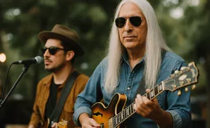 A man with long white hair and sunglasses plays a guitar. Another man in a hat stands behind him.