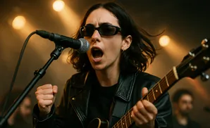 A female guitarist in sunglasses sings passionately into a microphone, her fist clenched.