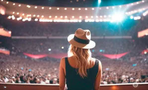 A woman in a hat facing a large, lit-up crowd at a concert.