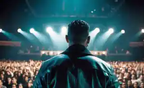 A performer in a leather jacket faces a cheering crowd under bright stage lights.