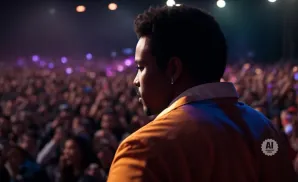 Man facing away from camera at a concert, looking out at a large crowd.