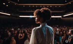 A woman with curly hair stands on a stage, facing a large audience.