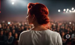 A woman with bright red hair pulled back stands facing a blurred audience in a dimly lit venue.