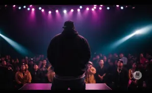 A performer in a hoodie and cap faces a cheering crowd on a stage lit by pink and blue lights.