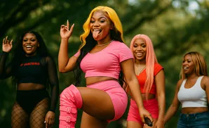 A woman with blonde hair in a pink outfit sticks her tongue out, with three other women in the background.