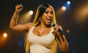 Cardi B on stage, singing into a microphone, with her left fist raised and wearing gold bracelets.
