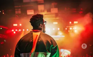 A man in a bomber jacket stands on stage, facing away from the camera, with bright red and orange lights behind him.