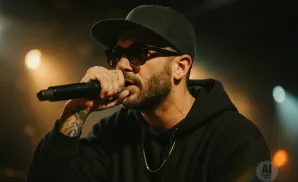 Man in a black baseball cap and sunglasses holds a microphone to his mouth, rapping on stage with stage lights behind him.