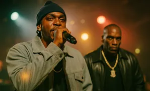 Two men with microphones and gold chains perform on stage with soft, colorful lights in the background.