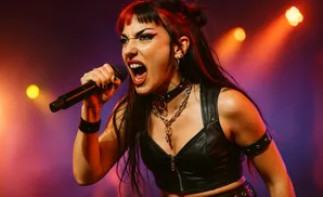 A woman with red-streaked hair sings into a microphone with her mouth wide open and eyes closed, wearing a black leather top and chain necklace.