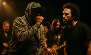 A rapper in a hoodie and cap performs into a microphone, with a guitarist and vocalist behind him.