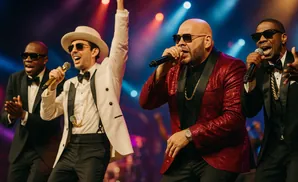 Four men in formal wear performing on stage under colorful lights.