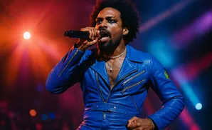 A Black man with an afro and dramatic eye makeup sings into a microphone on stage, wearing a bright blue leather jacket and pants.