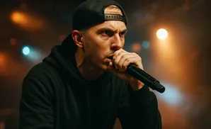 A man in a black hoodie and baseball cap raps into a microphone on a dimly lit stage.