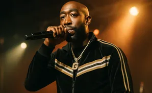 A bald Black man with a beard holds a microphone, wearing a black track jacket with gold and white stripes and a gold chain with a 