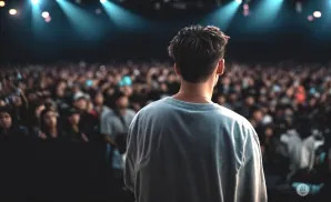 A person in a light blue shirt faces a large, blurry audience under stage lights.