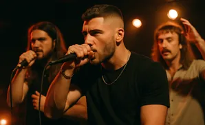 A man in a black t-shirt raps into a microphone on stage with two other men behind him.