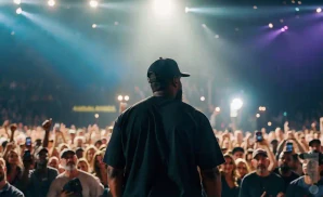 ice cube performing on stage with screen behind him