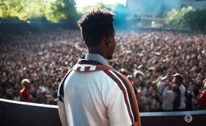 Back view of a Black man with dreadlocks on stage, facing a large, cheering crowd at an outdoor concert.