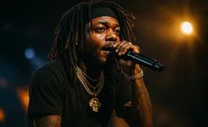 Rapper with dreadlocks wearing a black t-shirt and gold chains, singing into a microphone.