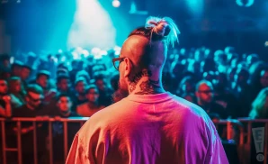 a rear view photo of lenny pearce performing a concert on stage to a lively audience