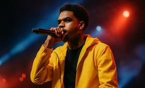 A rapper in a yellow jacket performs into a microphone under red and blue stage lights.