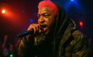 A rapper with bright pink hair and face tattoos performs into a microphone on a dimly lit stage.
