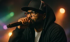 A Black man with glasses and a beard raps into a microphone while wearing a black hoodie and baseball cap.